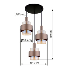 Závěsné svítidlo, černý matný kov, jantarové sklo, čirý gradient, bronzový kov, černý PVC kabel, možnost zkrácení výšky, ø: 450mm, V: 1500mm, bez žárovek 3xE27, max. 60W 230V