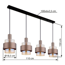 Závěsné svítidlo, černý matný kov, jantarové sklo, čirý gradient, bronzový kov, černý PVC kabel, výškově nastavitelné, DxŠxV: 1100x185x1500mm, bez žárovek 4xE27, max. 60W 230V