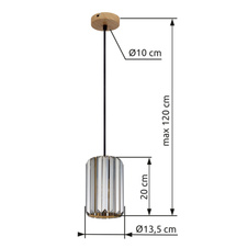 Závěs, kov, vzhled dřeva, krystaly K5 kouřové barvy, textilní kabel černý, ø: 135mm, V: 1200mm, bez žárovky 1xE27, max. 60W 230V