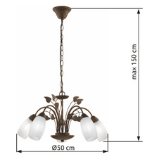 Závěsné svítidlo, kov v barvě rzi, vzhled skla a alabastru, PVC kabel, ø: 500mm, V: 1500mm, bez žárovek 5xE14, max. 40W 230V