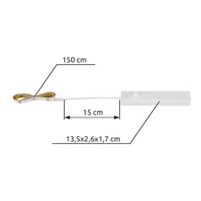 LED pásek, bílý matný plast, posuvný vypínač, možnost zkrácení, další funkce: DxŠxV: 1500x8x1mm, délka přívodního kabelu 150mm, box na baterie: 13,5x2,6x1,7cm, včetně 45x LED 1,5W 3V, zdroj 60lm, výkon 60lm, 3000K