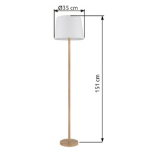 Stojací lampa, kovový vzhled dřeva, textilní bílá, PVC kabel černý, nožní vypínač v kabelu, ø: 350mm, V: 1510mm, délka kabelu 1800mm, bez žárovky 1xE27, max. 40W 230V