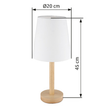 Stolní lampa, kovová vzhled dřeva, textilní bílá, kabel PVC černý, kolébkový vypínač na kabelu, ø: 200mm, V: 450mm, délka kabelu 1500mm, bez žárovky 1xE14, max. 25W 230V