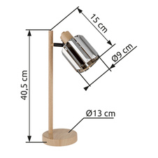 Stolní lampa, kov, vzhled dřeva, krystaly K5 kouřové barvy, černý PVC kabel, kolébkový vypínač na kabelu, DxŠxV: 150x130x400mm, délka kabelu 1600mm, bez žárovky 1xE14, max. 40W 230V