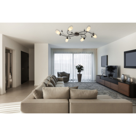 Stropní svítidlo, kov imitace rzi, sklo alabastr, DxŠxV: 550x1060x220mm, bez žárovek 6xE14, max. 40W 230V