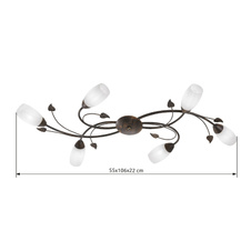 Stropní svítidlo, kov imitace rzi, sklo alabastr, DxŠxV: 550x1060x220mm, bez žárovek 6xE14, max. 40W 230V