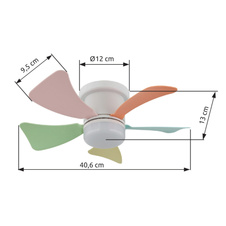 Stropní ventilátor, kov bílý matný, plast barevný/bílý, stmívatelný, několik úrovní přes nástěnný spínač, paměť, časovač, dálkové ovládání, 15m², 2 směry otáčení, ø: 406mm, H: 130mm, LED 10W 230V, výstup 70-900lm, zdroj 3000-6500K
