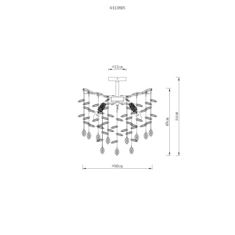Stropní svítidlo, kov stříbrný mat, skleněné křišťály kouřové barvy, čiré, ø: 500 mm, V: 540 mm, bez žárovek 6xE14, max. 40W 230V
