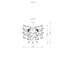 Stropní svítidlo, kov stříbrný mat, skleněné křišťály kouřové barvy, čiré, ø: 500 mm, V: 540 mm, bez žárovek 6xE14, max. 40W 230V