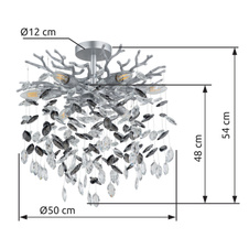 Stropní svítidlo, kov stříbrný mat, skleněné křišťály kouřové barvy, čiré, ø: 500 mm, V: 540 mm, bez žárovek 6xE14, max. 40W 230V