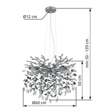 Závěsné svítidlo, kov stříbrný mat, skleněné křišťály kouřové, čiré, výškově nastavitelné, ø: 600 mm, V: 1200 mm, bez žárovek 8xE14, max. 40W 230V