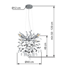 Závěsné svítidlo, kov stříbrný mat, skleněné křišťály kouřové, čiré, výškově nastavitelné, ø: 400 mm, V: 1200 mm, bez žárovek 4xE14, max. 40W 230V
