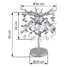 Stolní lampa, kov stříbrný mat, skleněné křišťály kouřové, čiré, PVC kabel, kolébkový vypínač na kabelu, ø: 360 mm, V: 500 mm, délka kabelu 1200 mm, bez žárovek 3xE14, max. 40W 230V