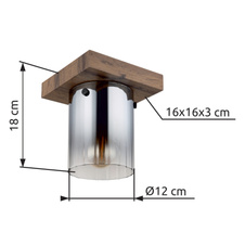 Stropní svítidlo, MDF, vzhled tmavého dřeva, kouřové barevné sklo, čirý gradient, DxŠxV: 160x160x180mm, bez žárovky 1x E27, Max. 40W 230V