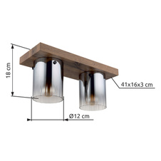 Stropní svítidlo, MDF, vzhled tmavého dřeva, kouřové barevné sklo, čirý gradient, DxŠxV: 410x160x180mm, bez žárovek 2x E27,max. 40W 230V