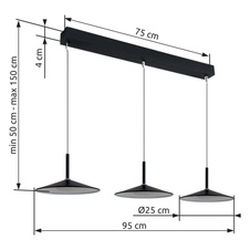 Závěsné svítidlo, kov černý matný, akryl bílý, kabel PVC černý, možnost zkrácení výšky, DxŠxV: 950x250x1500mm, včetně LED 24W 230V, zdroj 2900lm, výstup 1100lm, 4000K