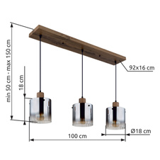 Závěsné svítidlo, MDF, vzhled tmavého dřeva, kouřové sklo, čirý gradient, černý PVC kabel, možnost zkrácení výšky, DxŠxV: 1000x180x1200mm, bez žárovek 3x E27,max. 40W 230V