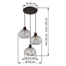Závěsné svítidlo, kov imitace rzi, černý kabel PVC, možnost zkrácení výšky, ø: 500mm, V: 1200mm, bez žárovek 3x E27,max. 40W 230V
