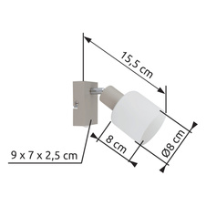 Nástěnné svítidlo, kov, písková matná, kov chromovaný, sklo bílé, kolébkový vypínač na výrobku, ŠxV: 80x153mm, AL: 155mm, bez žárovky 1x E14,max. 25W 230V