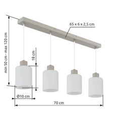Závěsné svítidlo, kov, písková matná, sklo bílé, průhledný PVC kabel, DxŠxV: 720x100x1200mm, bez žárovek 4x E27,max. 40W 230V
