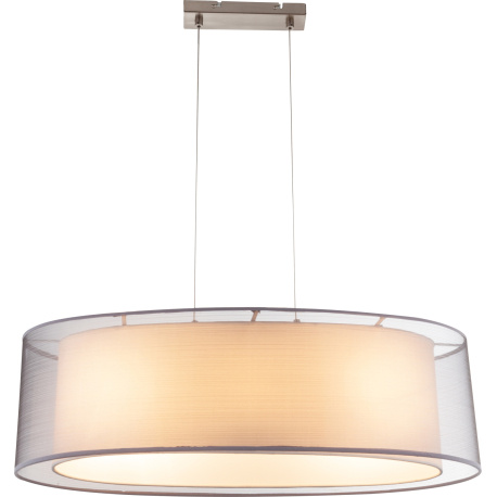 Závěsné svítidlo, kov nikl matný, plast, textil šedý, satinovaný akryl, výška stínidla 20 cm, DxŠxV:650x250x1400, bez žárovek 3xE27, max. 60W 230V.