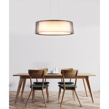 Závěsné svítidlo, kov nikl matný, plast, textil šedý, satinovaný akryl, výška stínidla 20 cm, DxŠxV:650x250x1400, bez žárovek 3xE27, max. 60W 230V.