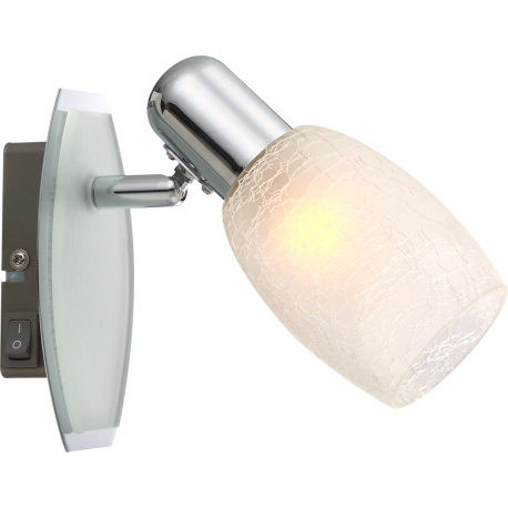 Boční svítidlo, chrom, sklo, imitace prasknutého skla, vypínač, ŠxV:80x165, H: 130, bez žárovky 1xE14, max. 40W 230V.