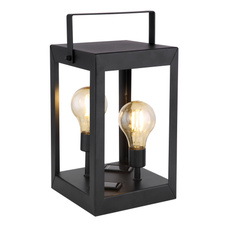 Solární svítidlo kovové černé, plast jantar, vypínač, součástí balení baterie AA 600mAh 1,2V, IP44, čtvercová lucerna se 2 žárovkami Edison, DxŠxV:140x140x280mm, vč.2xLED 0,06W 3V, 3000K