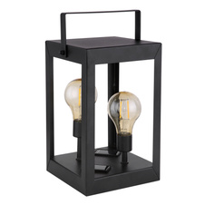 Solární svítidlo kovové černé, plast jantar, vypínač, součástí balení baterie AA 600mAh 1,2V, IP44, čtvercová lucerna se 2 žárovkami Edison, DxŠxV:140x140x280mm, vč.2xLED 0,06W 3V, 3000K