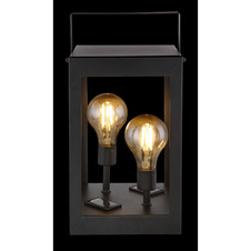 Solární svítidlo kovové černé, plast jantar, vypínač, součástí balení baterie AA 600mAh 1,2V, IP44, čtvercová lucerna se 2 žárovkami Edison, DxŠxV:140x140x280mm, vč.2xLED 0,06W 3V, 3000K