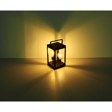 Solární svítidlo kovové černé, plast jantar, vypínač, součástí balení baterie AA 600mAh 1,2V, IP44, čtvercová lucerna se 2 žárovkami Edison, DxŠxV:140x140x280mm, vč.2xLED 0,06W 3V, 3000K