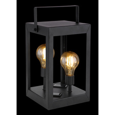 Solární svítidlo kovové černé, plast jantar, vypínač, součástí balení baterie AA 600mAh 1,2V, IP44, čtvercová lucerna se 2 žárovkami Edison, DxŠxV:140x140x280mm, vč.2xLED 0,06W 3V, 3000K