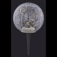 Solární svítidlo, plast černý, sklo čiré popraskané, kulička se zemním hrotem, IP44, vypínač, vč. baterie 1xAAA 300mAh 1,2V, Ø150mm, V:290mm, vč. 15xLED 0,06W 3,2V, 2700K