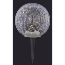 Solární svítidlo, plast černý, sklo čiré popraskané, kulička se zemním hrotem, IP44, vypínač, vč. baterie 1xAAA 300mAh 1,2V, Ø150mm, V:290mm, vč. 15xLED 0,06W 3,2V, 2700K