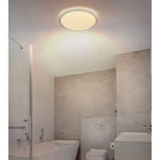 Stropní svítidlo, plast niklový, bílý, satinovaný, několik úrovní přes nástěnný spínač, podsvícení, pam. funkce, IP44, 3 úrovně přes nástěnný spínač (100-50-10%), Ø:294mm, V:25mm, včetně LED 18W 230V, 1600lm výstup, 3000K