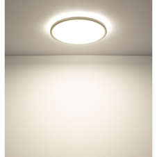 Stropní svítidlo, plast niklový, bílý, satinovaný, několik úrovní přes nástěnný spínač, podsvícení, pam. funkce, IP44, 3 úrovně přes nástěnný spínač (100-50-10%), Ø:294mm, V:25mm, včetně LED 18W 230V, 1600lm výstup, 3000K