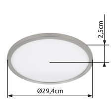 Stropní svítidlo, plast niklový, bílý, satinovaný, několik úrovní přes nástěnný spínač, podsvícení, pam. funkce, IP44, 3 úrovně přes nástěnný spínač (100-50-10%), Ø:294mm, V:25mm, včetně LED 18W 230V, 1600lm výstup, 3000K