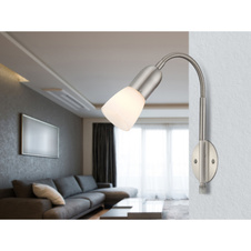 Nástěnné svítidlo, nikl matný, bílé sklo, včetně transparentního kabel 1,5m, flexi, vypínač, 30x24x46cm, bez žárovky 1xE14, max. 40W 230V.