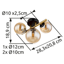 Stropní svítidlo, kov černý, kov mosaz, sklo jantarové, DxŠxV: 28x21x19cm, včetně 3xG9 LED 3,5W 230V, 350lm zdroj, 80lm výstup, 3000K