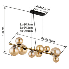 Závěsné svítidlo, kov černý, kov mosaz, sklo jantarové, DxŠxV: 87x36x120cm, včetně 9xG9 LED 3,5W 230V, 350lm zdroj, 80lm výstup, 3000K