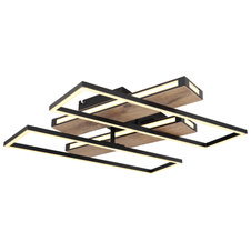 Stropní svítidlo, kov, hliník černý matný, MDF se vzhledem dřeva, plast opál, několik úrovní přes nástěnný vypínač, pam. funkce, otočné, 3 úrovně: 1.hlavní světlo, 2. LED v rámu, 3.obě spolu, DxŠxV:600x520x120mm, 2x LED 24W 230V 1500lm výstup, 3000K