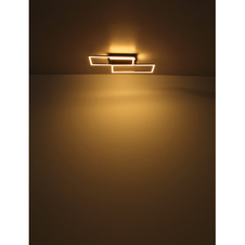 Stropní svítidlo, kov, hliník černý matný, MDF se vzhledem dřeva, plast opál, několik úrovní přes nástěnný vypínač, pam. funkce, otočné, 3 úrovně: 1.hlavní světlo, 2. LED v rámu, 3.obě spolu, DxŠxV:600x520x120mm, 2x LED 24W 230V 1500lm výstup, 3000K