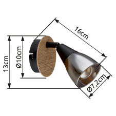 Nástěnné svítidlo, bodové, kov černý matný, dřevo hnědé, sklo kouřové, ø 80 mm, V:130mm, H: 160mm, bez žárovky 1xE14,max. 25W 230V