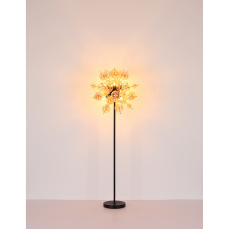 Závěsné svítidlo, kov černý, kov zlaté barvy, skleněné koule jantarové barvy, kabel PVC černý, možnost zkrácení výšky, ø:550mm, V:1200mm, skleněné koule ø:24x6cm, 24x10cm, bez žárovek 6xE14 , Max. 25W 230V