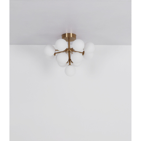 Závěsné svítidlo, kov zlaté barvy, skleněné koule bílé, černý textilní kabel, ø:560mm, V:1200mm, bez žárovek 13xG9 LED, max. 5W 230V