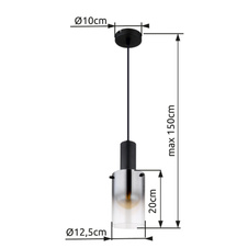 Závěsné svítidlo, kov černý, sklo kouřové, průhledné, kabel PVC černý, možnost zkrácení výšky, ø:125mm, V:1500mm, bez žárovky 1xE27,max. 40W 230V