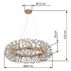 Závěsné svítidlo, kov zlaté barvy, krystaly K9 čiré, kabel PVC transparentní, Ø:80cm, V:150cm, včetně žárovek 20xG9 LED 3,5 W 230 V, zdroj 350 lm, výstup 350 lm, 3000 K, LED žárovky 10676