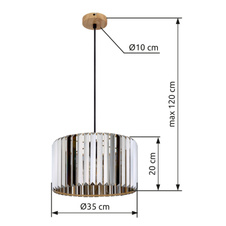 Závěs, kov, vzhled dřeva, K5 krystaly kouřové barvy, textilní kabel černý, ø: 350mm, V: 1200mm, bez žárovky 1xE27, max. 60W 230V