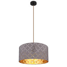 Závěsné svítidlo, kov černý, textil šedý, textilní kabel barvy šampaň, stínítko s ozdobným děrováním, Ø40cm, V:140cm, bez žárovky 1xE27, max. 60W 230V