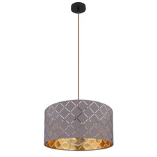 Závěsné svítidlo, kov černý, textil šedý, textilní kabel barvy šampaň, stínítko s ozdobným děrováním, Ø40cm, V:140cm, bez žárovky 1xE27, max. 60W 230V